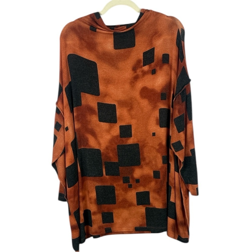 Ozai N Ku Bold Orange and Black Oversized Squared Patterned Tunic Top Size XL